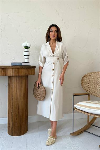 Toptan Bej Düğmeli Keten Elbise