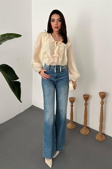 Toptan Bej Fırfırlı Bluz