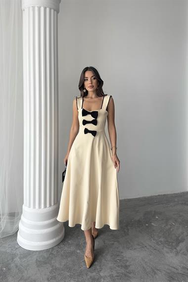 Toptan Bej Fiyonk Garnili Dantelli Elbise