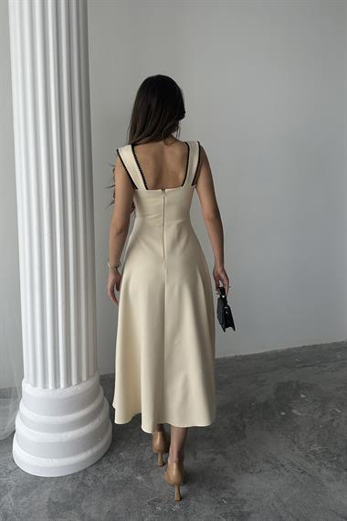 Toptan Bej Fiyonk Garnili Dantelli Elbise