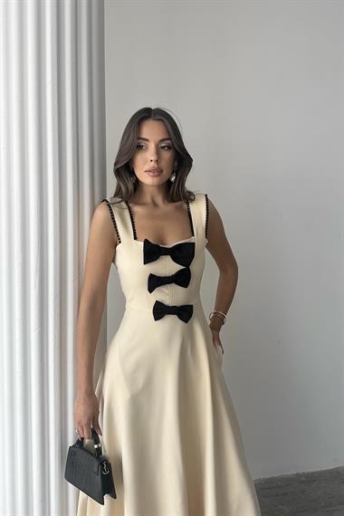 Toptan Bej Fiyonk Garnili Dantelli Elbise