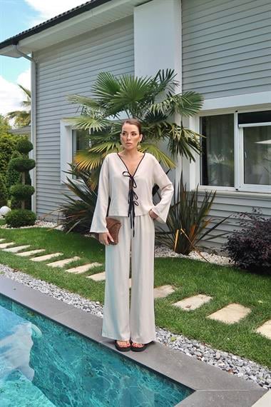 Toptan Bej Fiyonklu Keten Takım