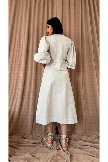Toptan Bej Flamlı Keten Boyamlı Düğmeli Elbise