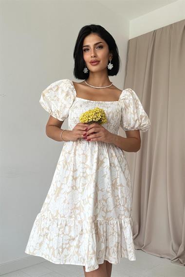 Toptan Bej Gipe Desenli Elbise