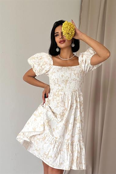 Toptan Bej Gipe Desenli Elbise