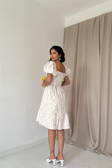 Toptan Bej Gipe Desenli Elbise