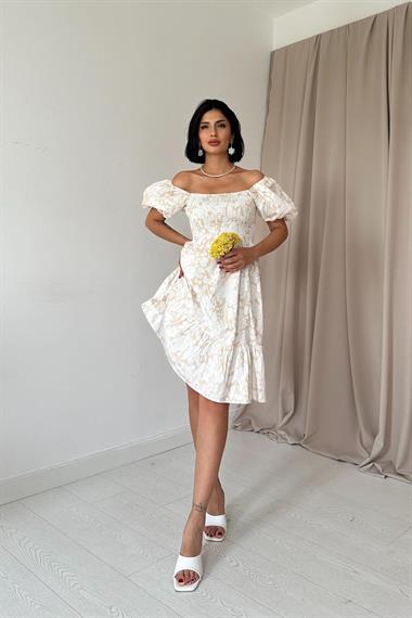 Toptan Bej Gipe Desenli Elbise