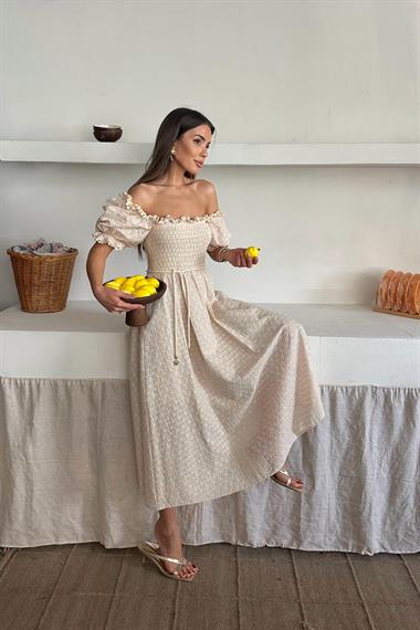 Toptan Bej Gipeli Brode Elbise