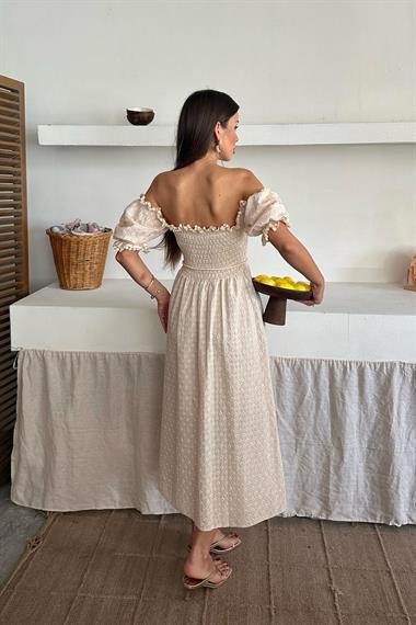 Toptan Bej Gipeli Brode Elbise