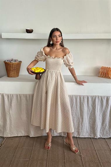 Toptan Bej Gipeli Brode Elbise