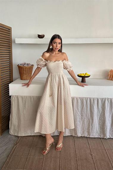 Toptan Bej Gipeli Brode Elbise