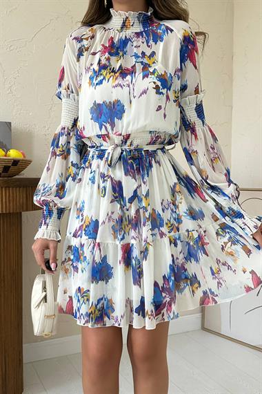 Toptan Bej Gipeli Kat Kat Mini Elbise