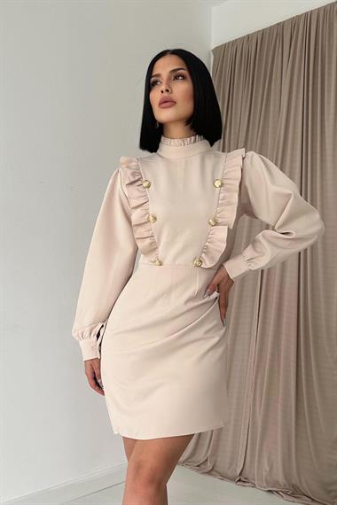 Toptan Bej Gold Düğmeli Elbise