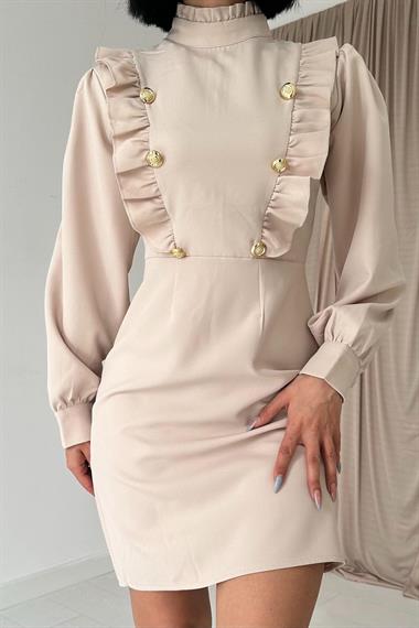 Toptan Bej Gold Düğmeli Elbise