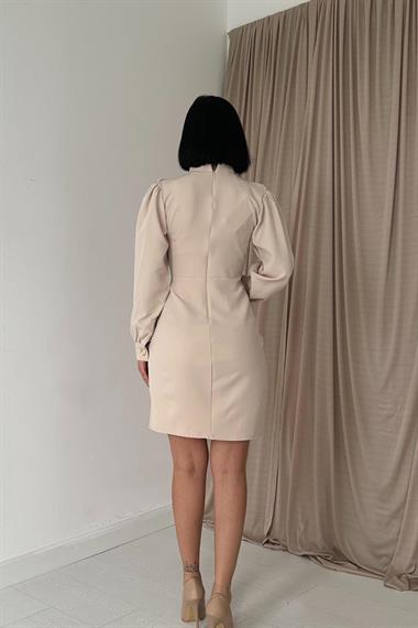 Toptan Bej Gold Düğmeli Elbise