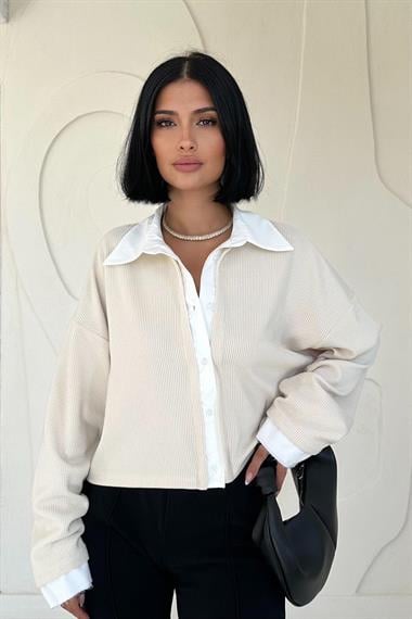 Toptan Bej Gömlek Yakalı Bluz