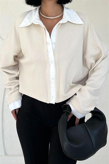 Toptan Bej Gömlek Yakalı Bluz