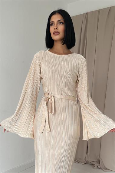 Toptan Bej İspanyol Kol Piliseli Elbise