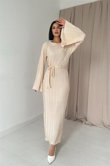 Toptan Bej İspanyol Kol Piliseli Elbise