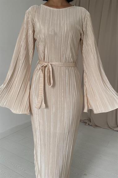 Toptan Bej İspanyol Kol Piliseli Elbise