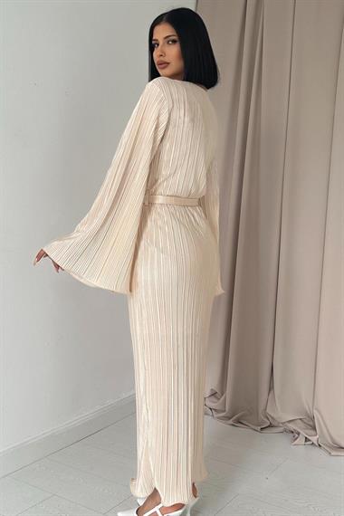 Toptan Bej İspanyol Kol Piliseli Elbise