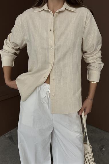 Toptan Bej Jakarlı Keten Gömlek