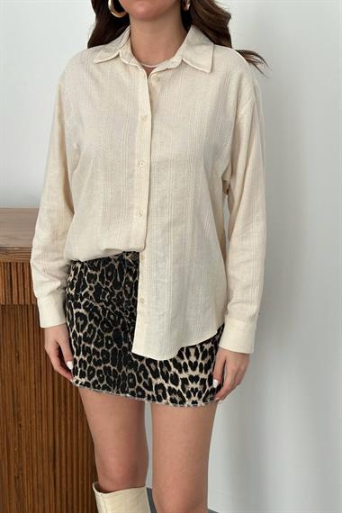 Toptan Bej Jakarlı Keten Gömlek