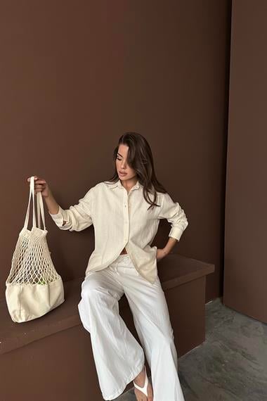 Toptan Bej Jakarlı Keten Gömlek