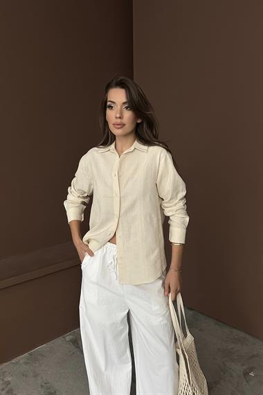 Toptan Bej Jakarlı Keten Gömlek