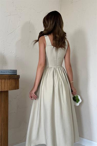 Toptan Bej Kalın Keten Elbise