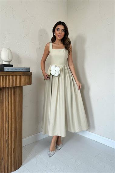 Toptan Bej Kalın Keten Elbise