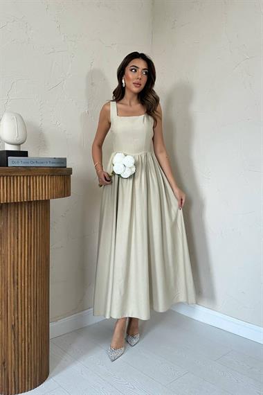 Toptan Bej Kalın Keten Elbise