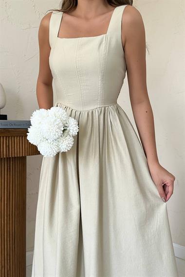 Toptan Bej Kalın Keten Elbise