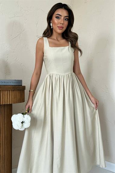 Toptan Bej Kalın Keten Elbise