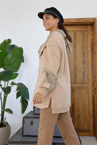 Wholesale Beige Hooded Garni Detail Sweatshirt