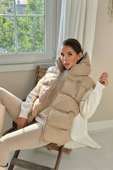 Toptan Bej Kapüşonlu Şişme Yelek