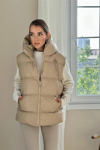 Toptan Bej Kapüşonlu Şişme Yelek
