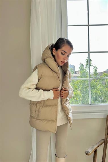 Toptan Bej Kapüşonlu Şişme Yelek