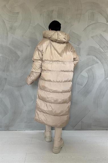 Toptan Bej Kapüşonlu Uzun Mont