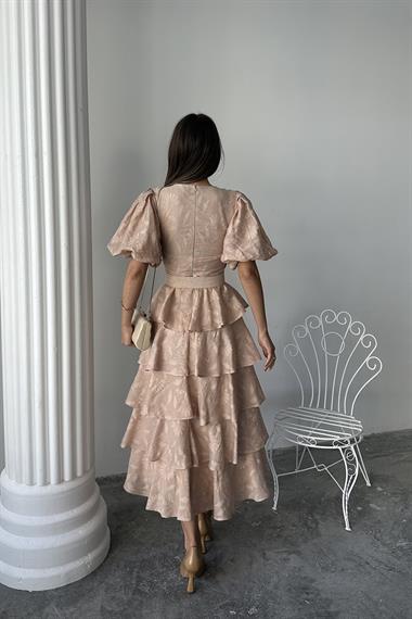 Toptan Bej Kat Kat Balon Kollu Kemerli Elbise