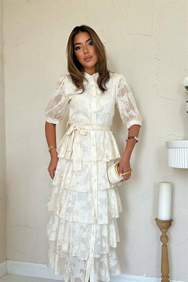 Toptan Bej Kat Kat Desenli Elbise