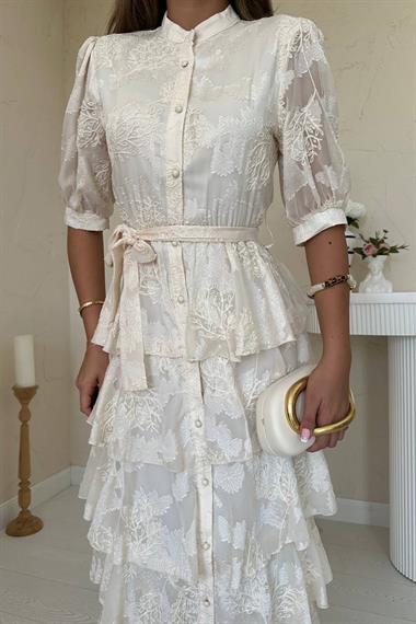 Toptan Bej Kat Kat Desenli Elbise