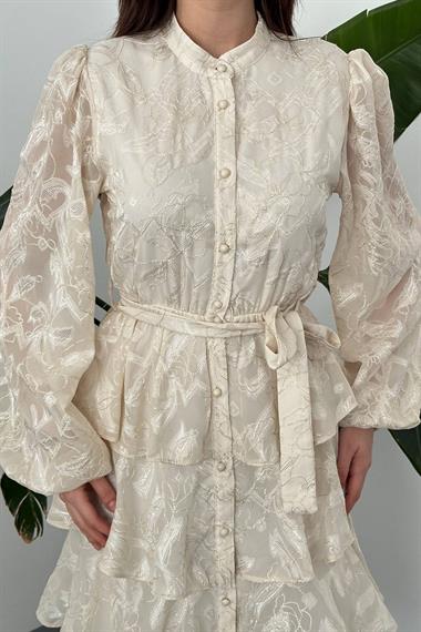 Toptan BEJ Kat Kat Jakarlı Elbise