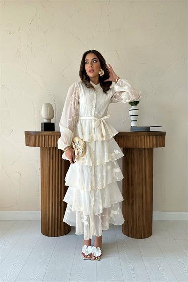 Toptan Bej Kat Kat Kuşaklı Elbise