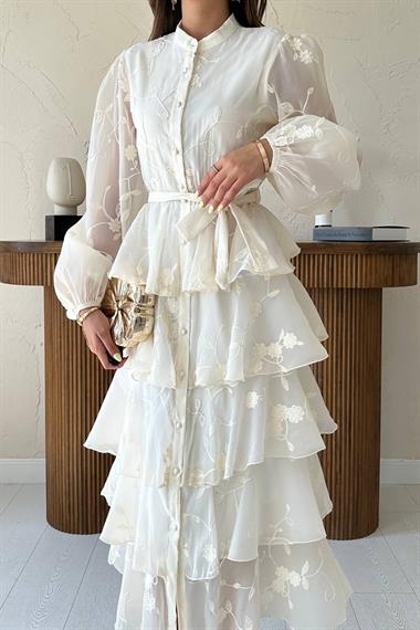 Toptan Bej Kat Kat Kuşaklı Elbise