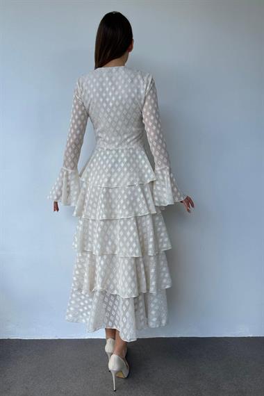 Toptan Bej Kat Kat Puantiyeli Elbise