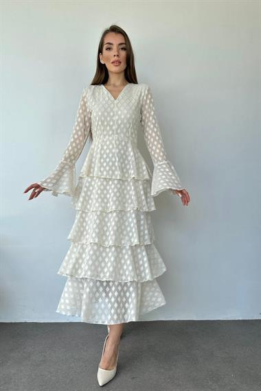 Toptan Bej Kat Kat Puantiyeli Elbise