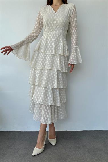 Toptan Bej Kat Kat Puantiyeli Elbise