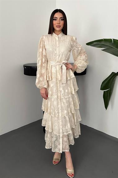 Toptan Bej Kat Kat Volanlı Elbise