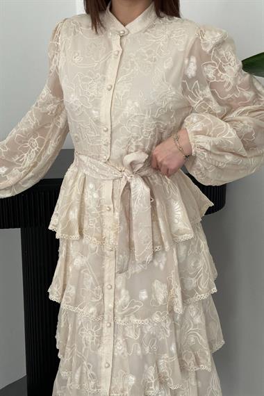 Toptan Bej Kat Kat Volanlı Elbise